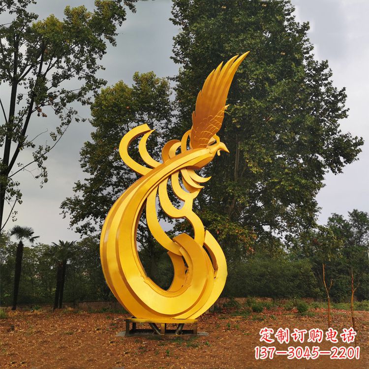 商丘不锈钢凤凰雕塑黄金色园林之美