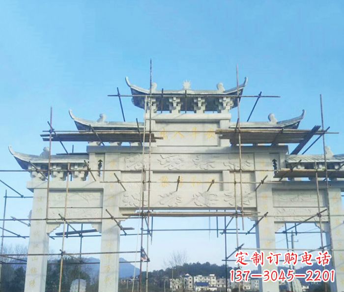 商丘村庄大理石三门牌坊石雕 (4)