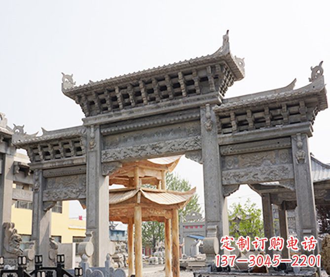 商丘村庄大理石三门牌坊石雕