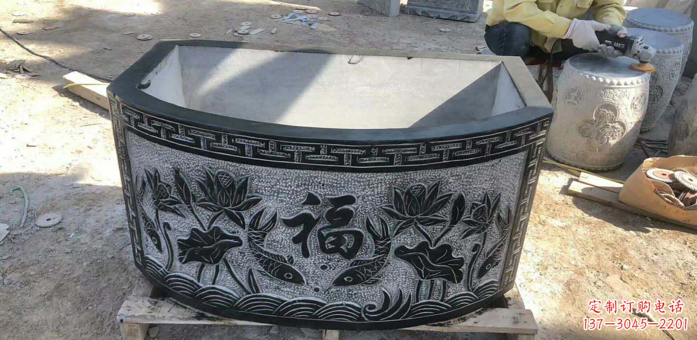 商丘精致方口石浮雕水缸雕塑