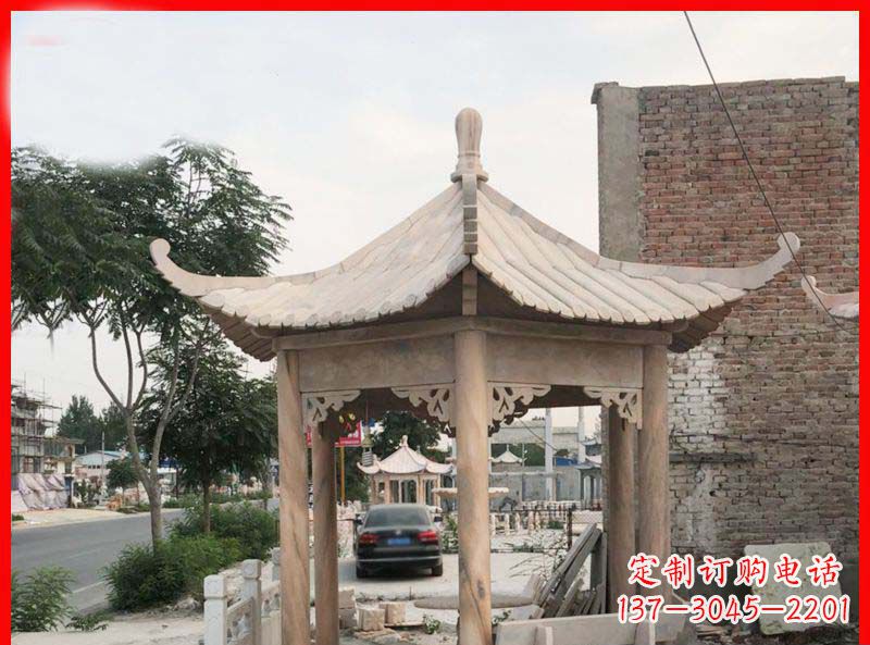 商丘公园晚霞红六角石凉亭雕塑
