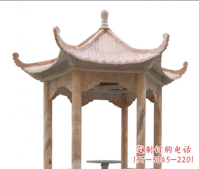 商丘美丽而优雅的公园晚霞红六角石凉亭雕塑