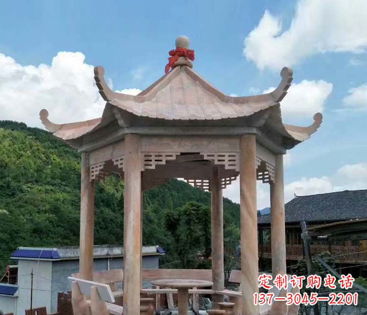 商丘一流的公园晚霞红六角石雕凉亭