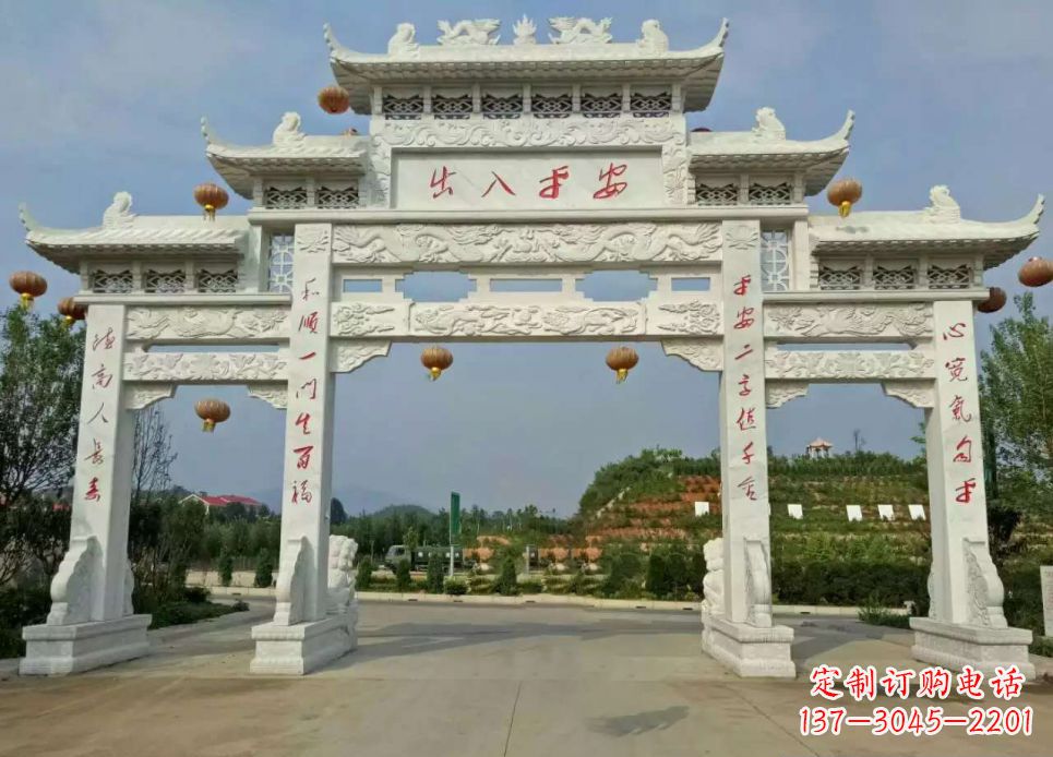 商丘汉白玉三门石牌坊雕塑1