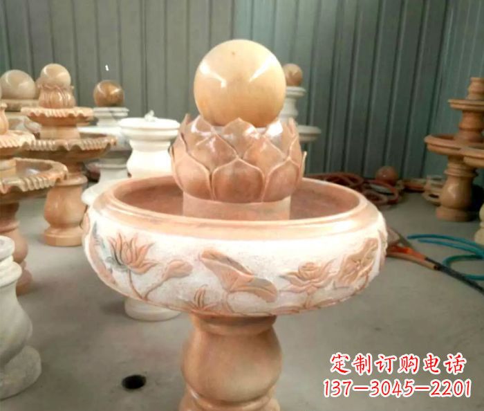 商丘石来运转晚霞红风水球喷泉石雕