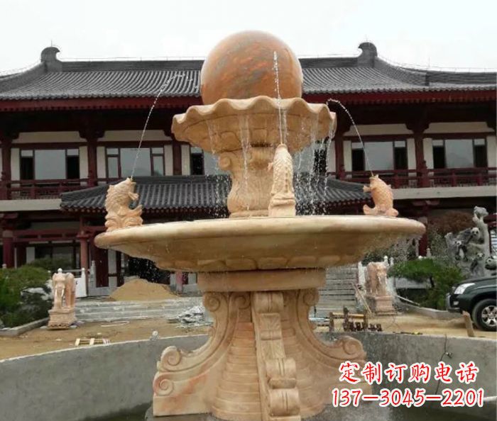 商丘双层风水球喷泉晚霞红石雕