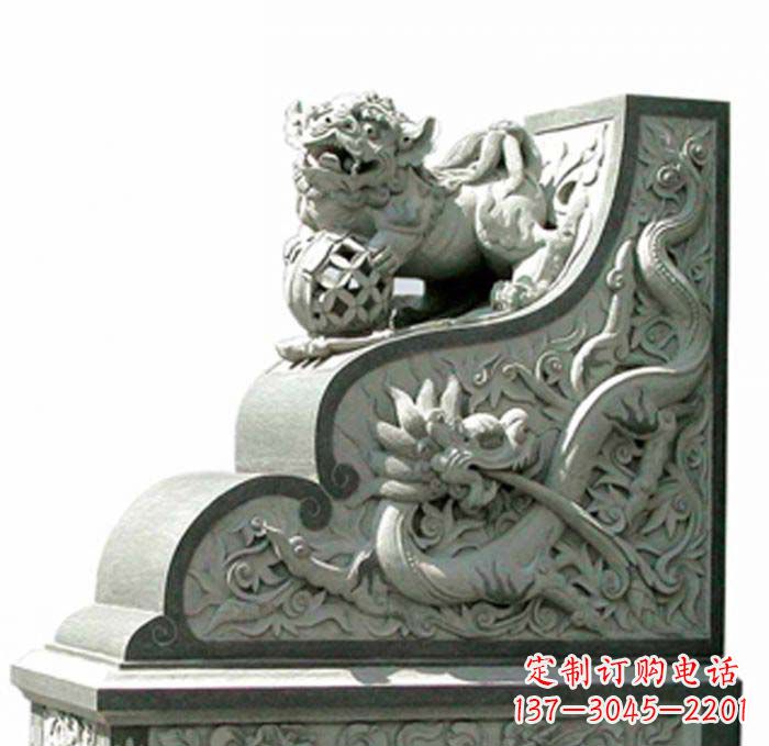 商丘寺庙景观玩绣球狮子石雕门墩