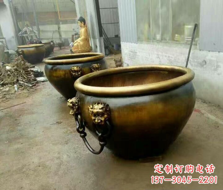 商丘铜雕圆形荷花水缸雕塑 (2)