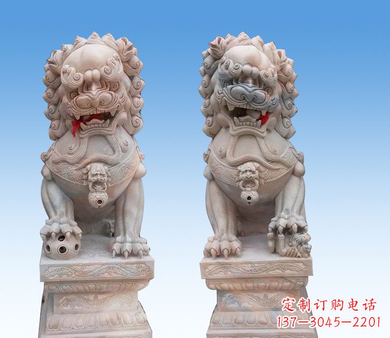 商丘晚霞红踩球狮子石雕