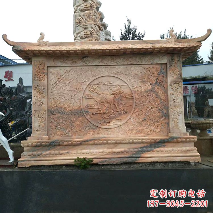 商丘晚霞红麒麟影壁墙石雕