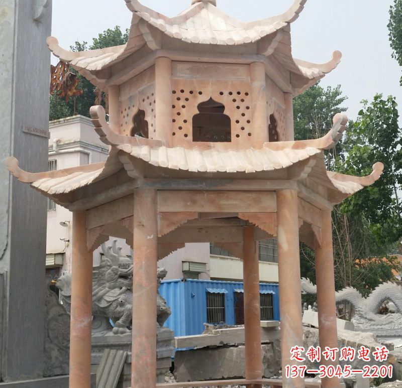 商丘晚霞红双层六角凉亭石雕 (2)