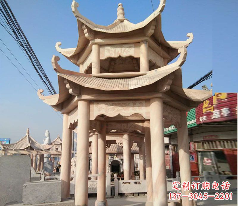 商丘晚霞红双层六角凉亭石雕 (3)