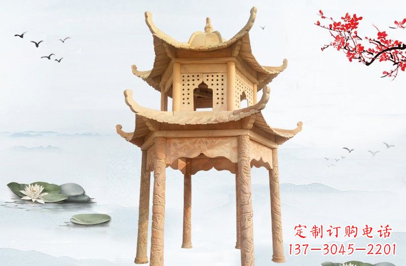 商丘晚霞红双层六角凉亭石雕