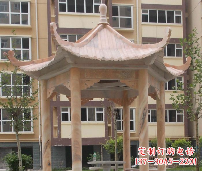 商丘小区晚霞红六角凉亭石雕