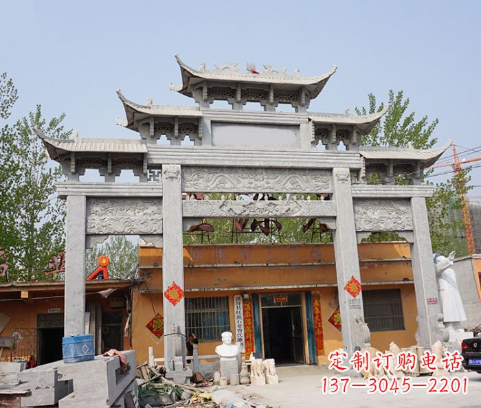 商丘园林仿古三门牌坊石雕 (5)