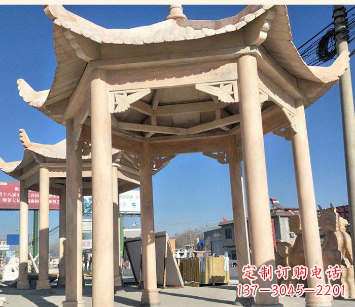 商丘园林景观晚霞红六角石雕凉亭 (2)