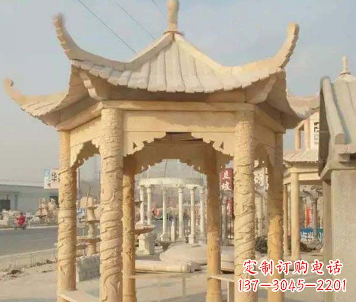 商丘园林景观晚霞红六角石雕凉亭 (3)