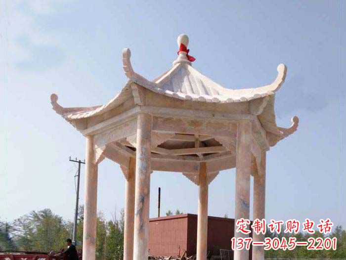 商丘园林景观晚霞红六角石雕凉亭