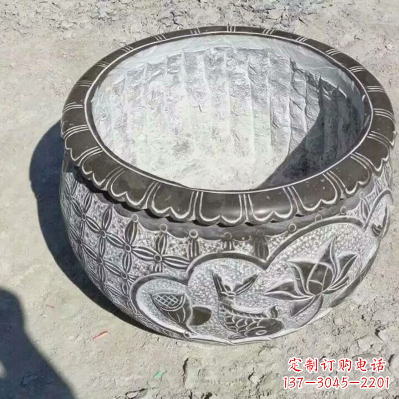 商丘园林莲花鱼纹石雕水缸