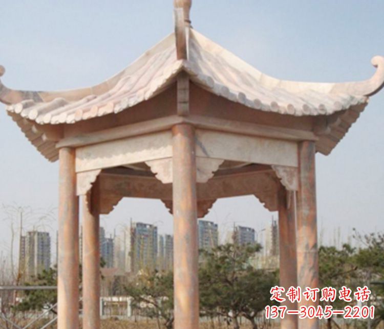 商丘园林晚霞红六角石凉亭景观石雕