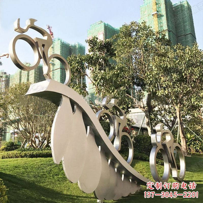商丘自行车雕塑-抽象不锈钢骑自行车人物景观雕塑